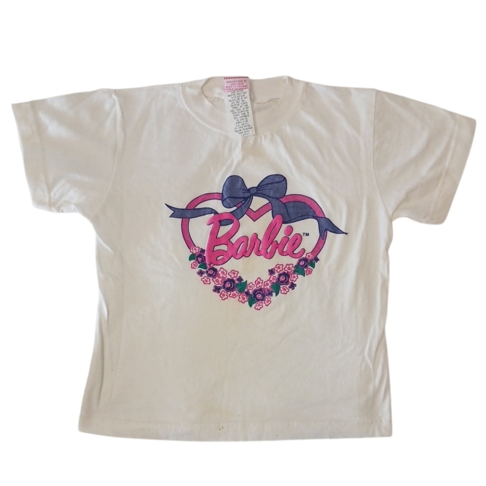 Vintage Barbie Girly Floral Print‎ Short Sleeve 1996 Mattel Tee Girls Large